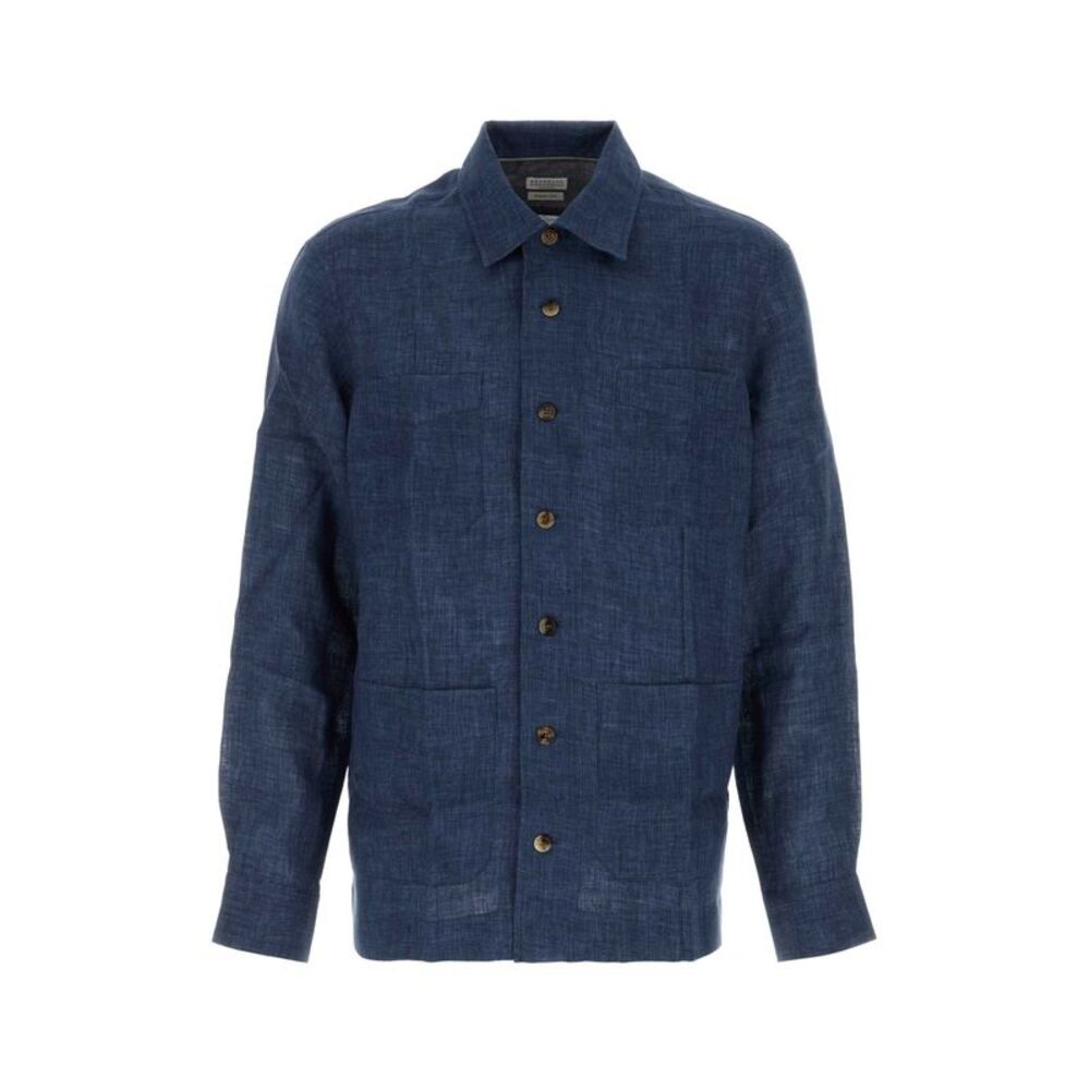 Brunello Cucinelli Men Navy Blue Linen Shirt